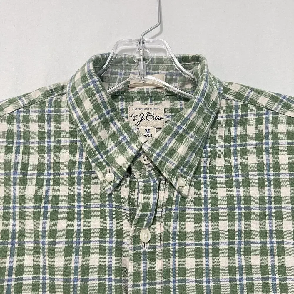 J.CREW Button Down Shirt Mens M Green Cotton Linen Twill Preppy Slim